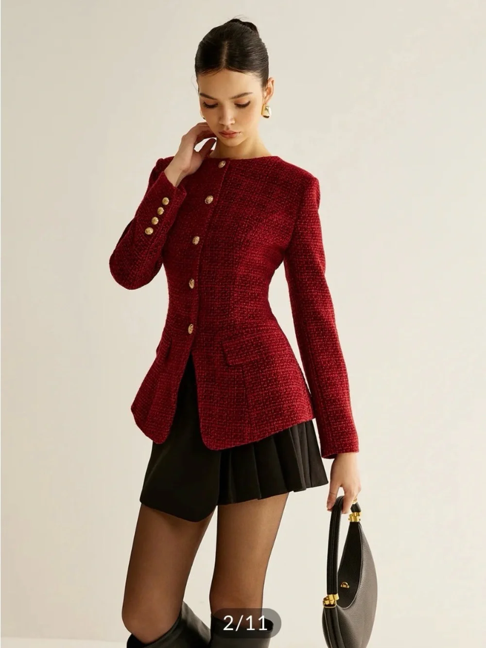 Commense Burgundy Button Down Slit Tweed Blazer - Picture 2 of 11
